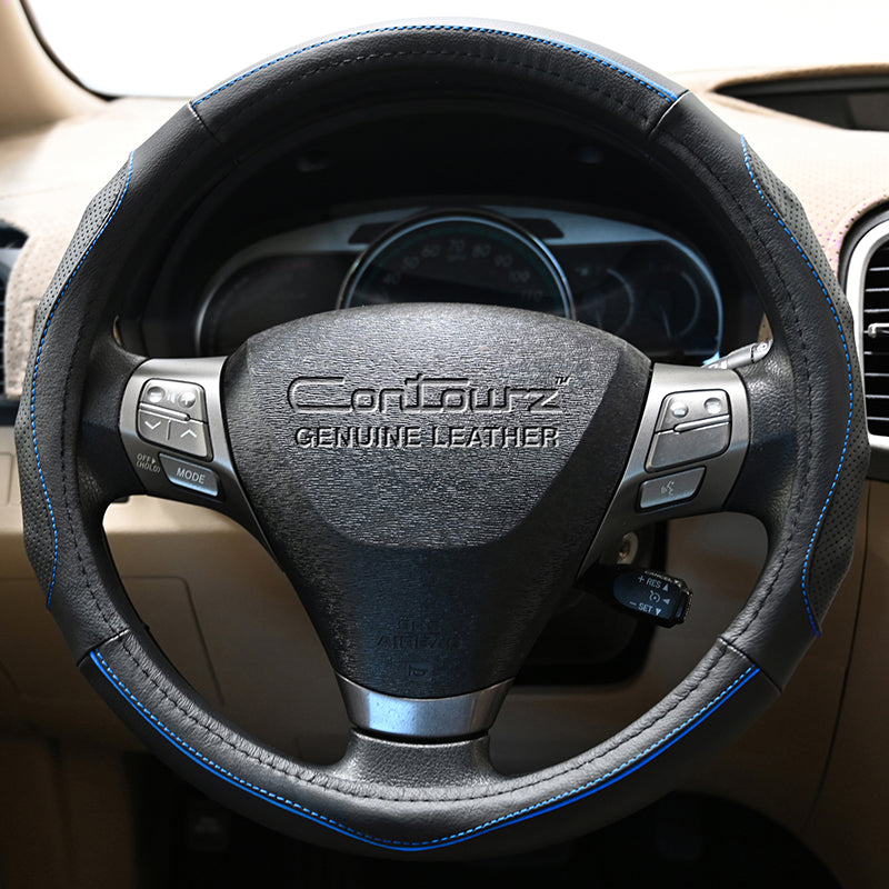 Contourz Black + Blue steering wheel cover front view