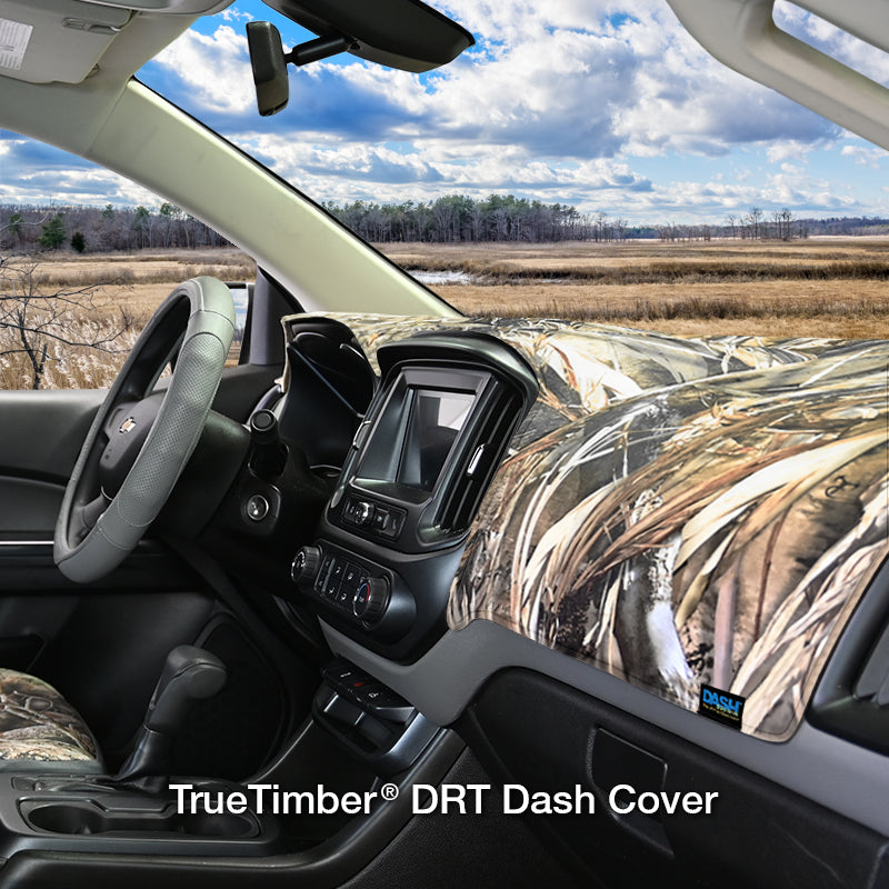 DRT Camo dash cover in car with marsh background