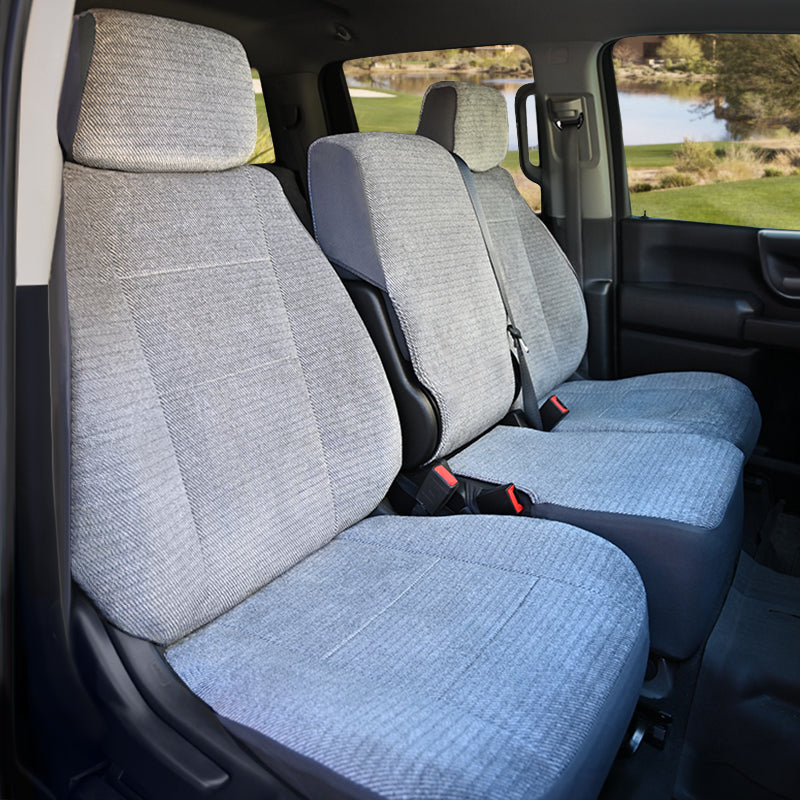 Seat Décor Madera Silver seat covers in a Chevy Silverado