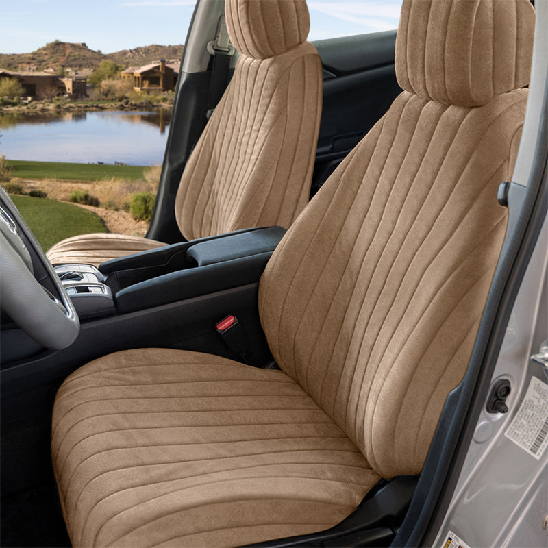 Seat Décor Plush Velour Toast quilted seat covers on a vehicle with natural background
