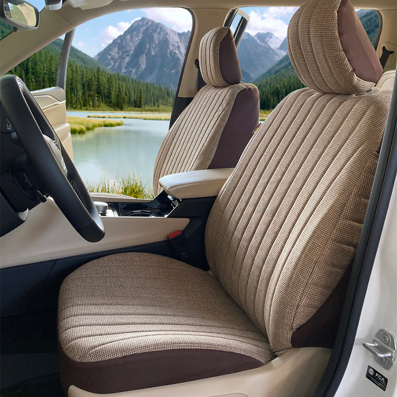 Duramax Tweed Brown seat covers with mountain lake in background