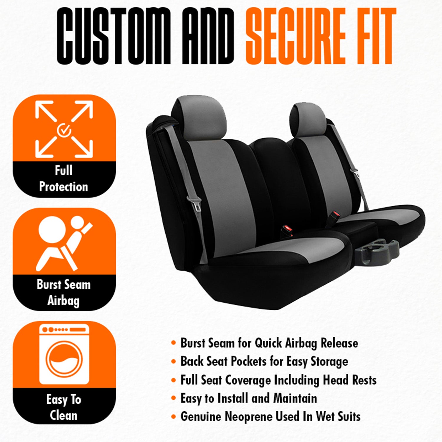Genuine Neoprene seat cover with features listed
