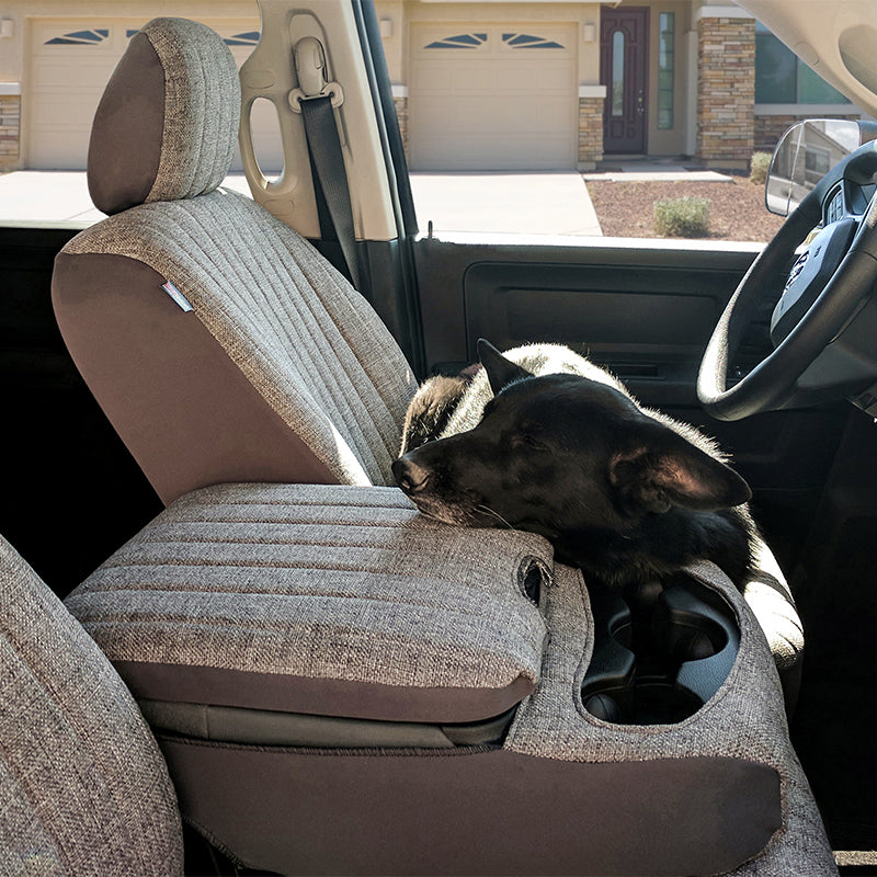 Seat Designs Gray Tweed front seat covers with sleeping dog