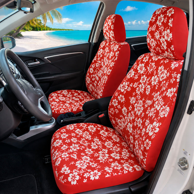 Hawaiian Red Solid Hibiscus seat covers with beach background