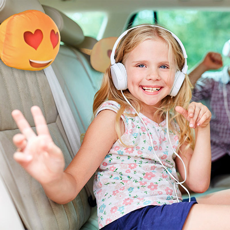 Kids in car with Heart Eyes Emoji Travel Pillows