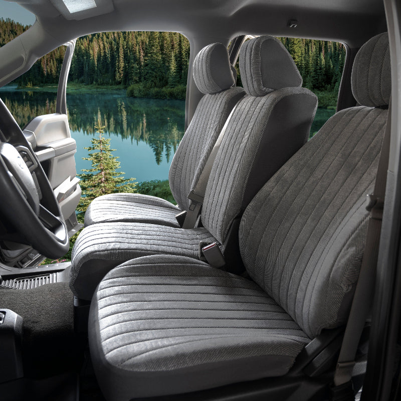 Madera Silver seat covers with a lake in background