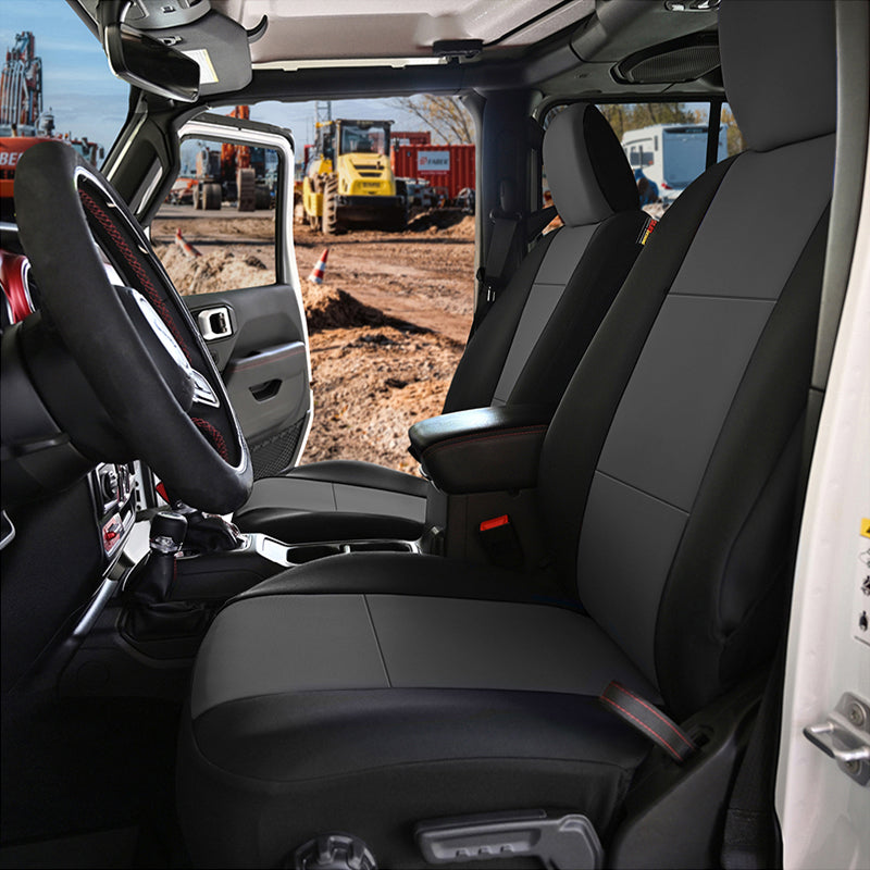 NeoSupreme Charcoal 2-Tone seat covers at construction site