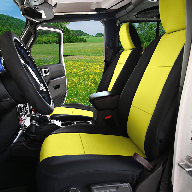 NeoSupreme Yellow 2-Tone seat covers with a meadow in the background