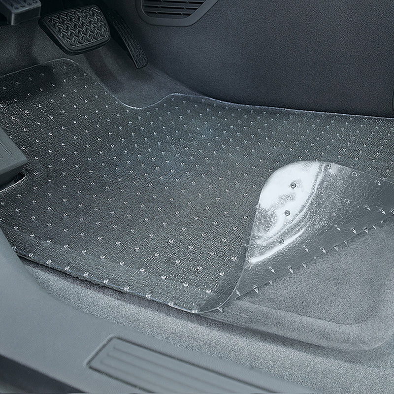 Protect-A-Mat clear vinyl floor mat curled up to show nib backing