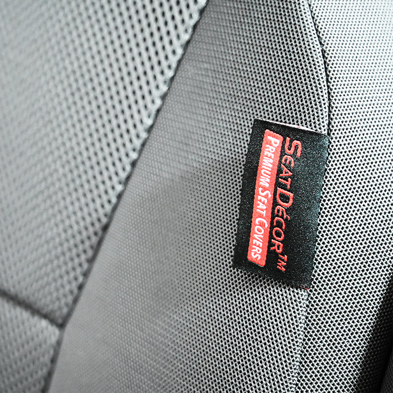Cool Mesh Gray fabric closeup showing Seat Décor tag