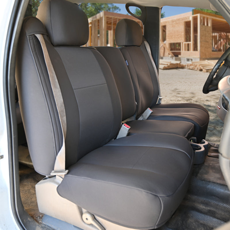 Seat Décor Kingston Silver car seat covers on a construction site background