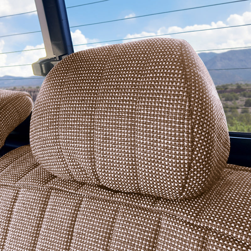 Close-up of a Seat Décor brown car headrest