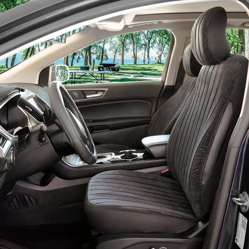 Seat Designs Plush Velour Black seat covers with park in background