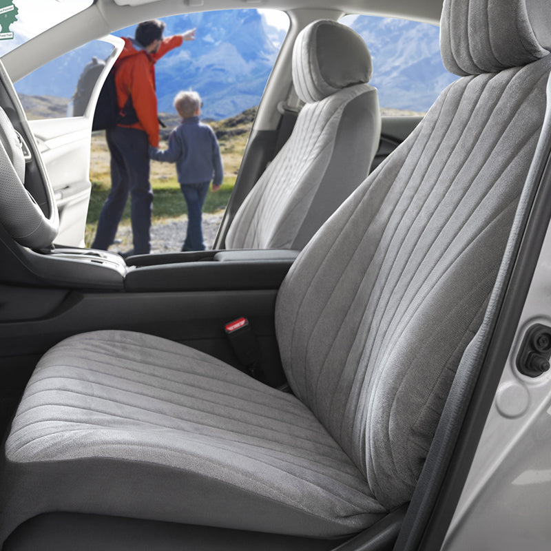 Seat Designs Plush Velour Gray seat covers with father and son in background