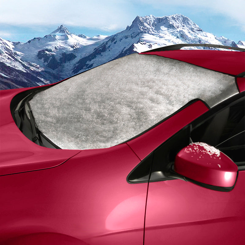Car with a snow-covered windshield cover in front of a mountain