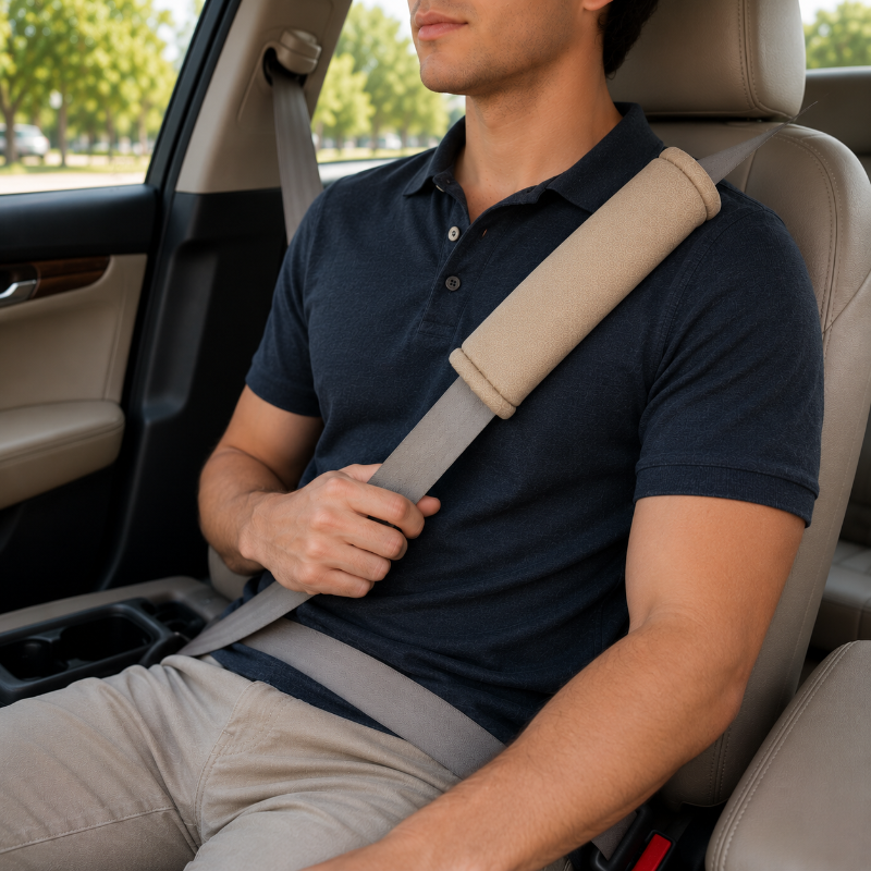 Tan Seat Belt Cushion in car