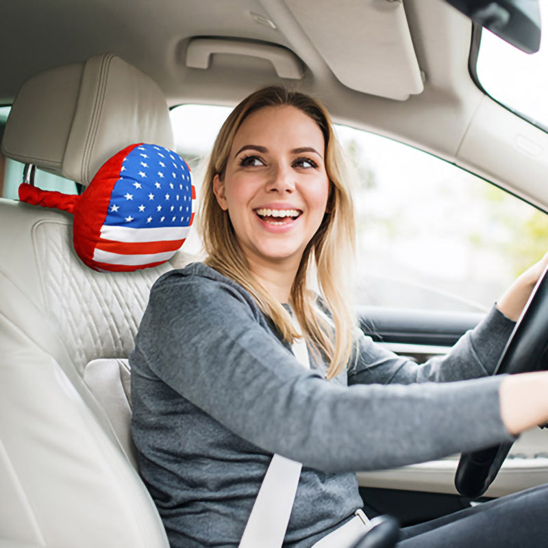 Woman in car with US Flag Travel Pillow