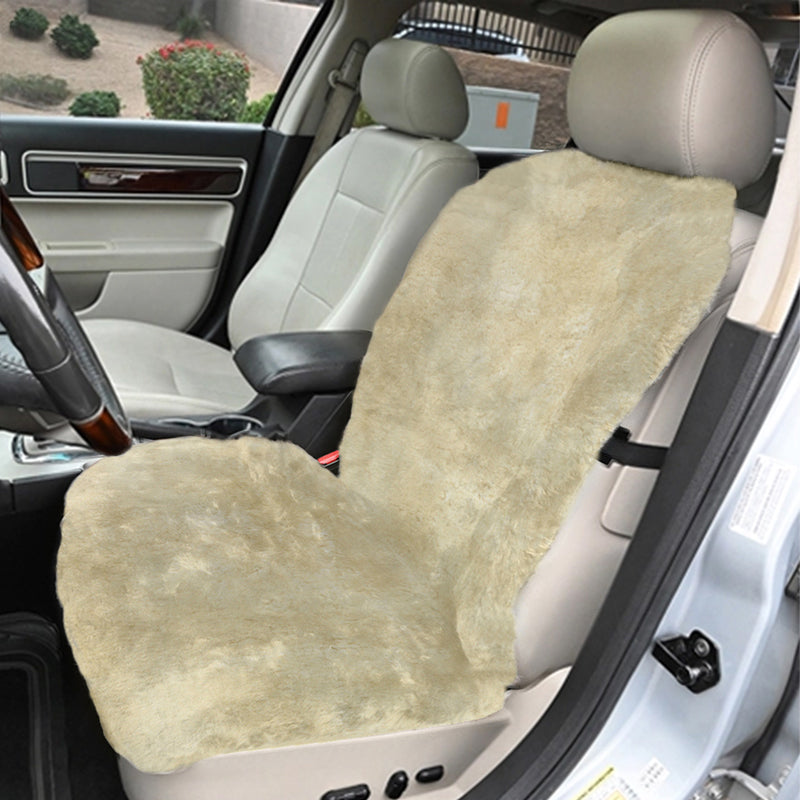 Beige Sheepskin Seat Topper in car