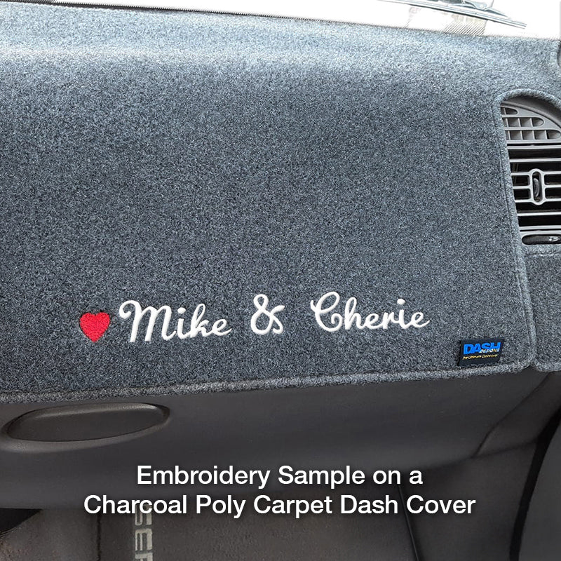 Poly Carpet Charcoal dash cover with embroidery sample