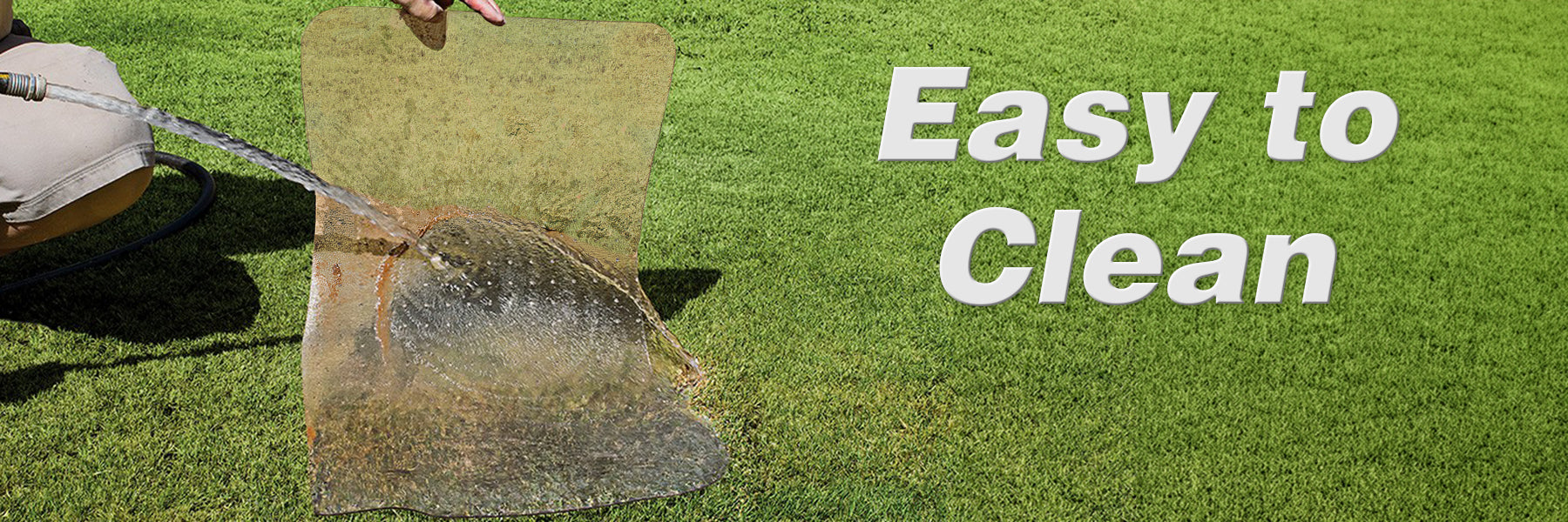 Cleaning clear vinyl mat with water hose on grass, labeled 'Easy to Clean'.