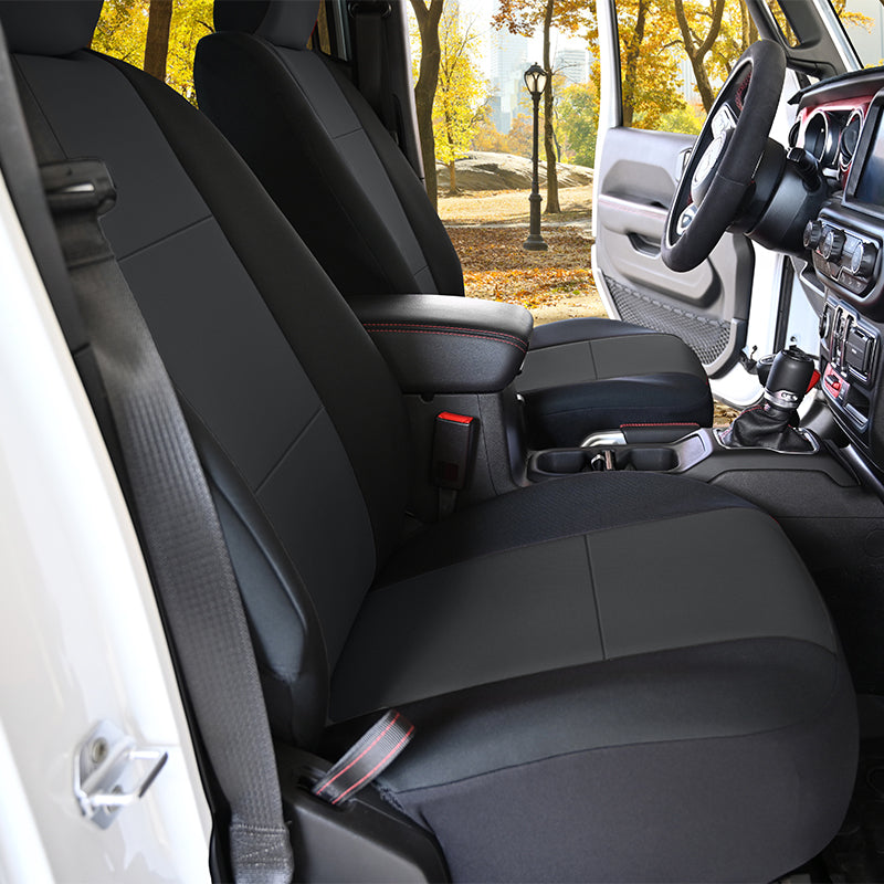 Seat Designs Neoprene Charcoal 2-Tone seat covers with park in background