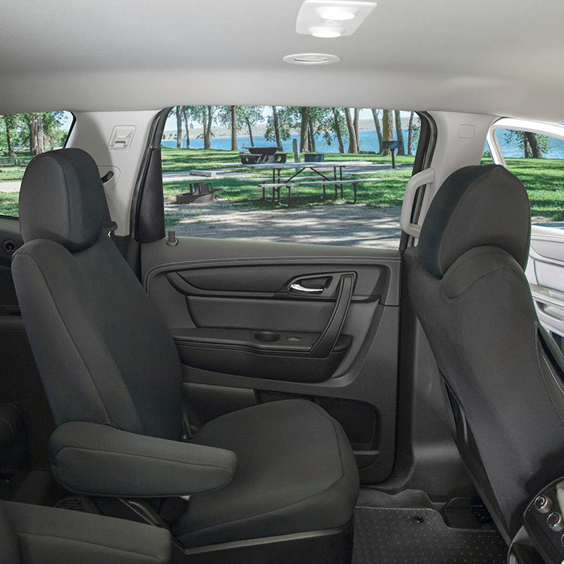Genuine Neoprene Solid Charcoal seat covers with park in background