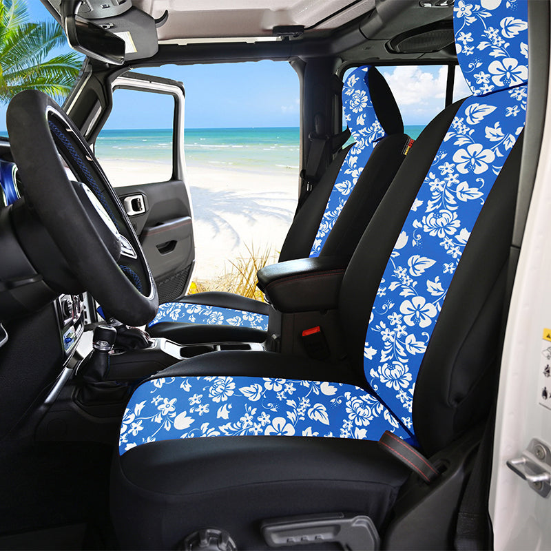 Hawaiian Blue Hibiscus 2-Tone seat covers with beach background