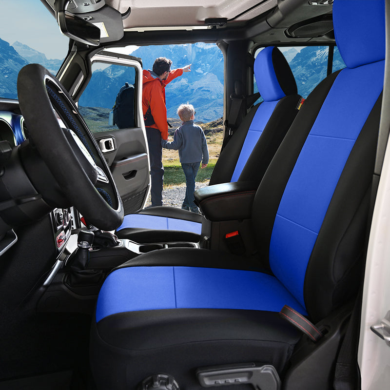 Jeep with Neoprene Blue seat covers with dad and son in mountains