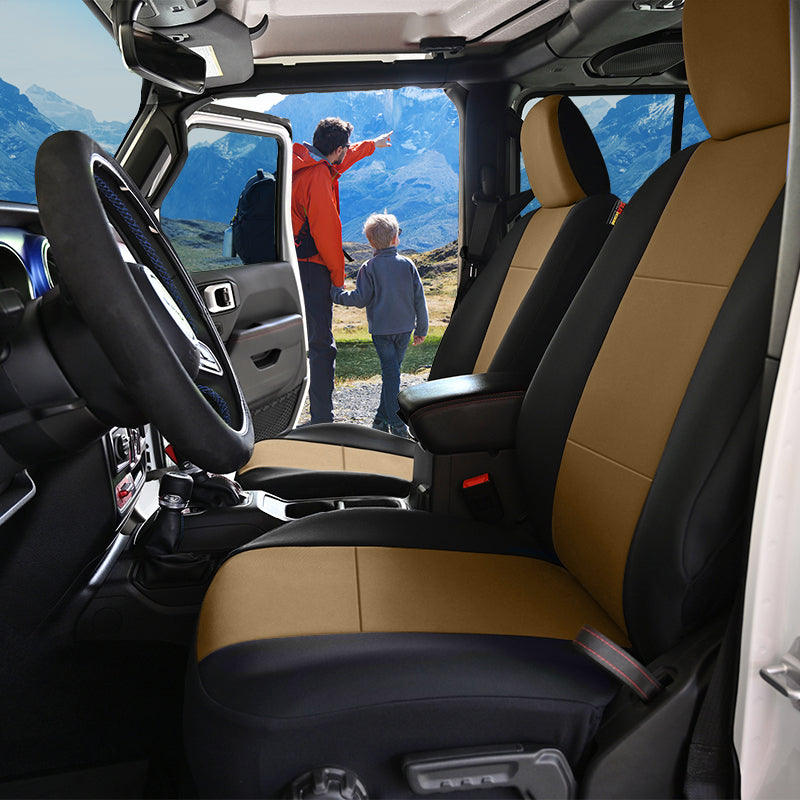 Seat Designs Neoprene Tan 2-Tone seat covers with a father and son in the mountains