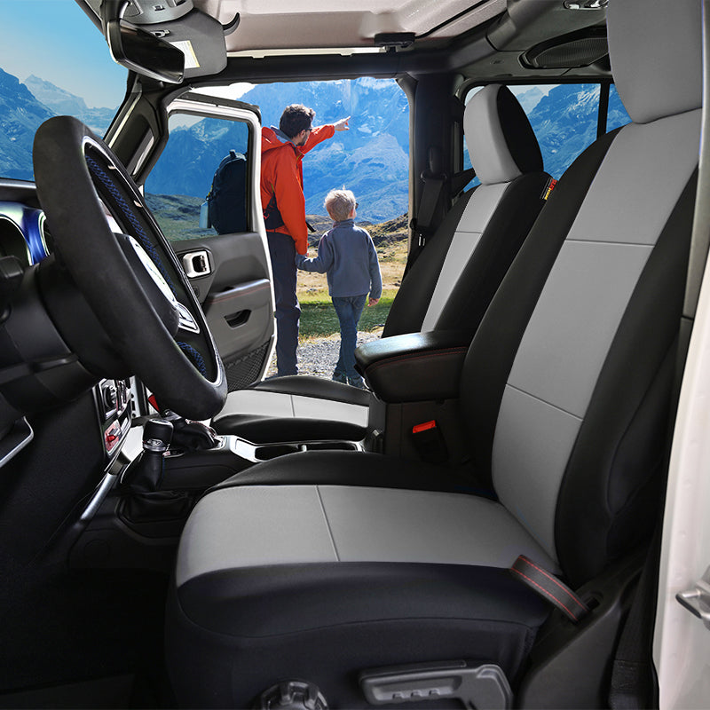 NeoSupreme Gray 2-Tone seat covers with dad and son in mountains