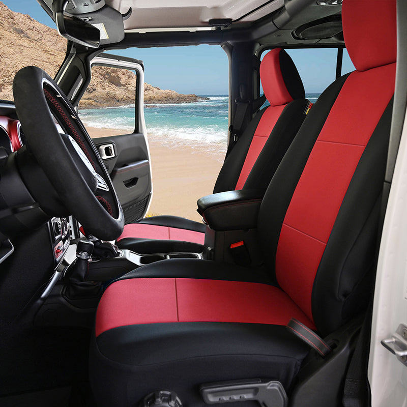 NeoSupreme Red 2-Tone seat covers at a beach