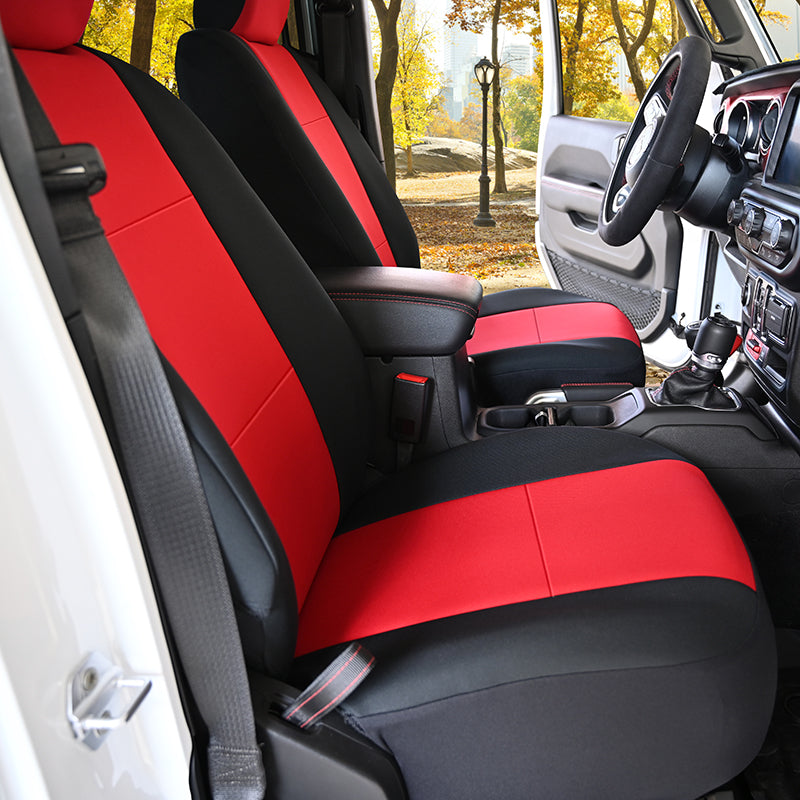 Genuine Neoprene Red 2-Tone seat covers in a Jeep in Park