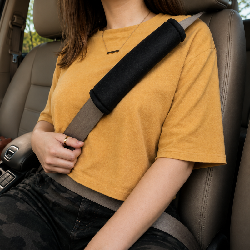 Black Seat Belt Cushion in car