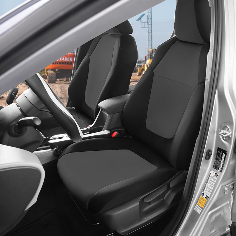 Seat Décor Neoprene Charcoal 2-Tone seat covers at construction site