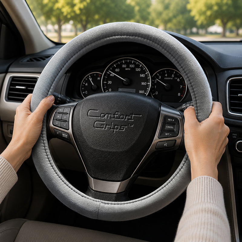 Ultra Plush Black steering wheel cover with driver's hands