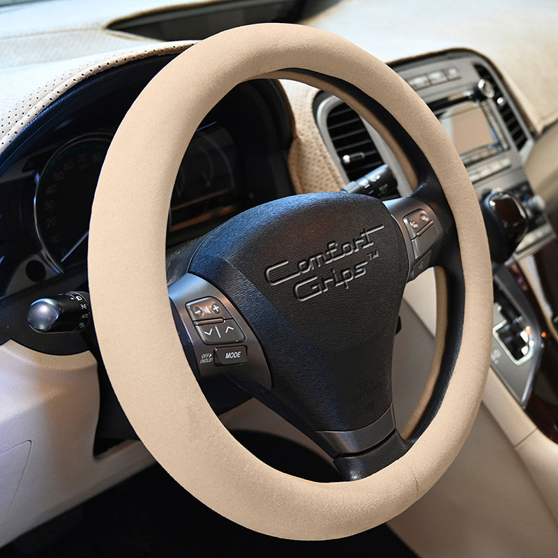 Ultra Plush Tan steering wheel cover left side